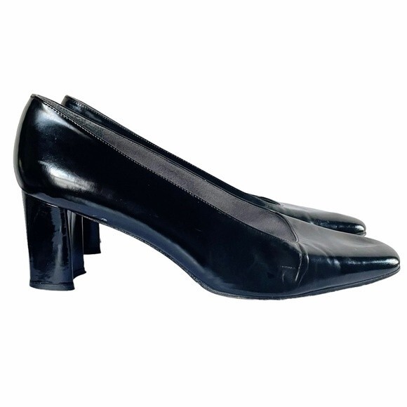 Stuart Weitzman Black Polished Leather Square Toe Block Heel Women’s Size 8W - Picture 9 of 14